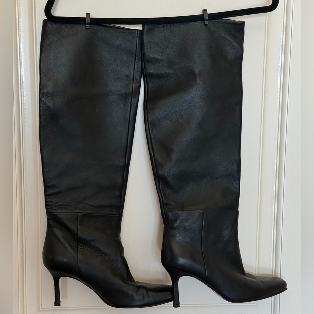 & Other Stories black leather knee high heeled boots